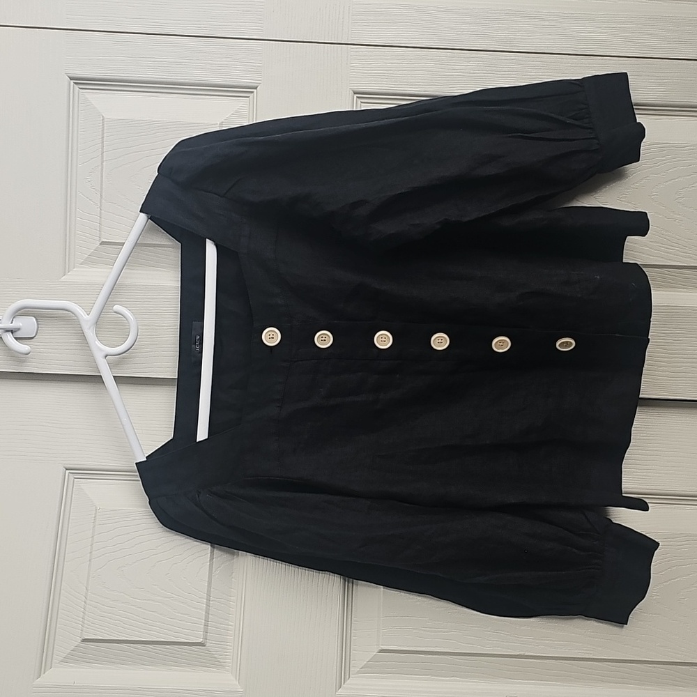 J.Crew square neck button up linen top, boxy cut, black. CONT F